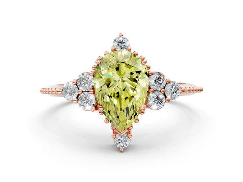 Rose gold Fancy Yellow Pear Cut Brilliant Diamond with Cluster Setting on a Beaded Band and Four-Prong Setting