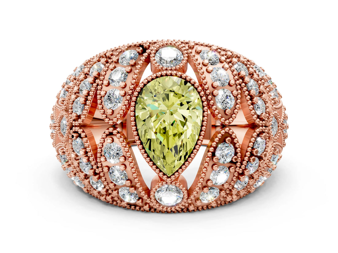 Rose gold Fancy Yellow Pear Cut Brilliant Halo Pave Diamond Milgrain Ring