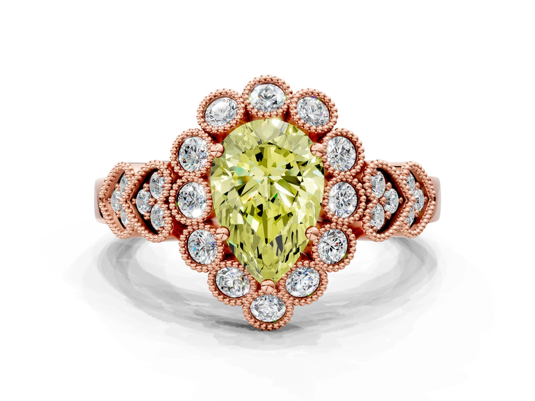 Rose gold Fancy Yellow Pear Cut Brilliant Milgrain Pave Heart Band Solitaire Ring