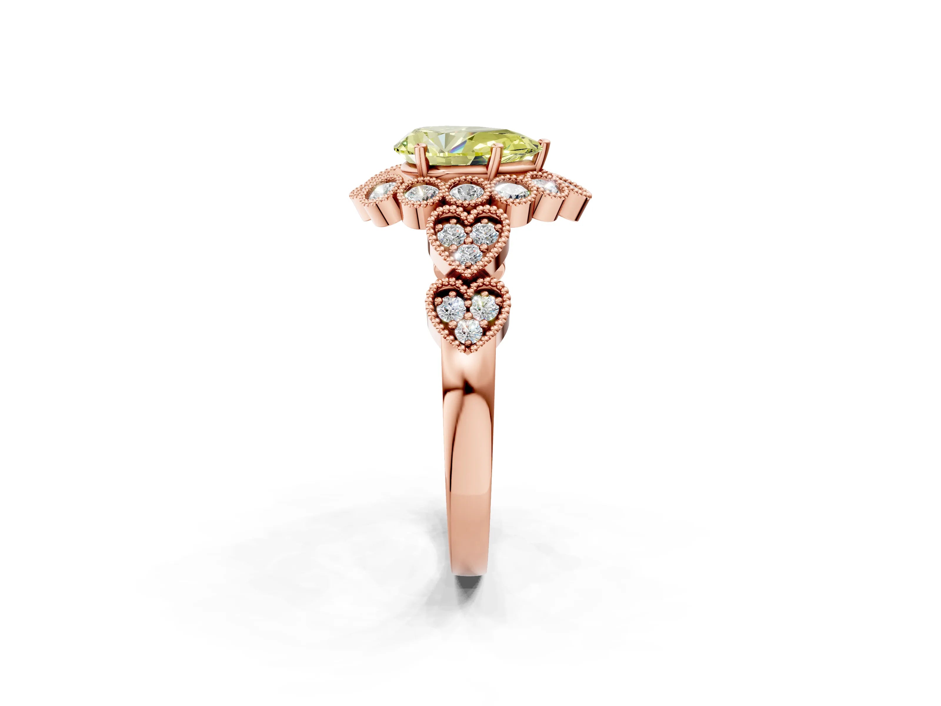 Rose gold Fancy Yellow Pear Cut Brilliant Milgrain Pave Heart Band Solitaire Ring_2