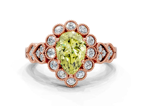 Rose gold Fancy Yellow Pear Cut Brilliant Milgrain Pave Heart Band Solitaire Ring