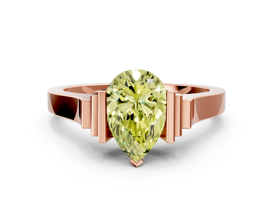 Rose gold Fancy Yellow Pear Cut Brilliant Solitaire Diamond Ring with Channel Set Band and Bar Prong Setting