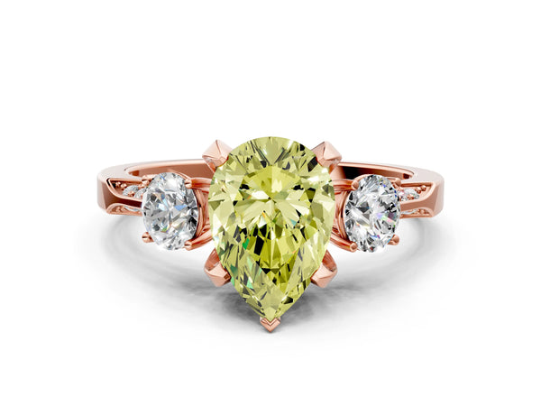 Rose gold Fancy Yellow Pear Cut Brilliant Three-Stone Diamond Ring with Pavé Band and Four-Prong Setting