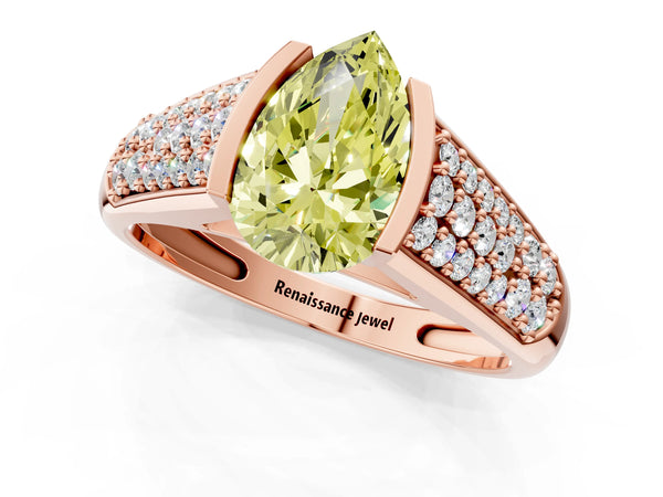 Rose gold Fancy Yellow Pear Cut Diamond Channel Set Pave Band with Tension Prong Setting