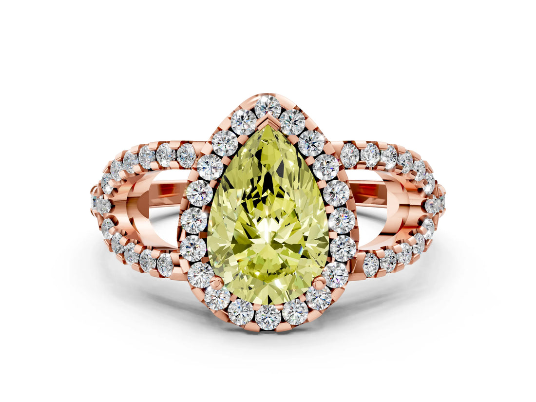 Rose gold Fancy Yellow Pear Cut Cut Diamond Halo Engagement Ring with Open Split Pavé Band