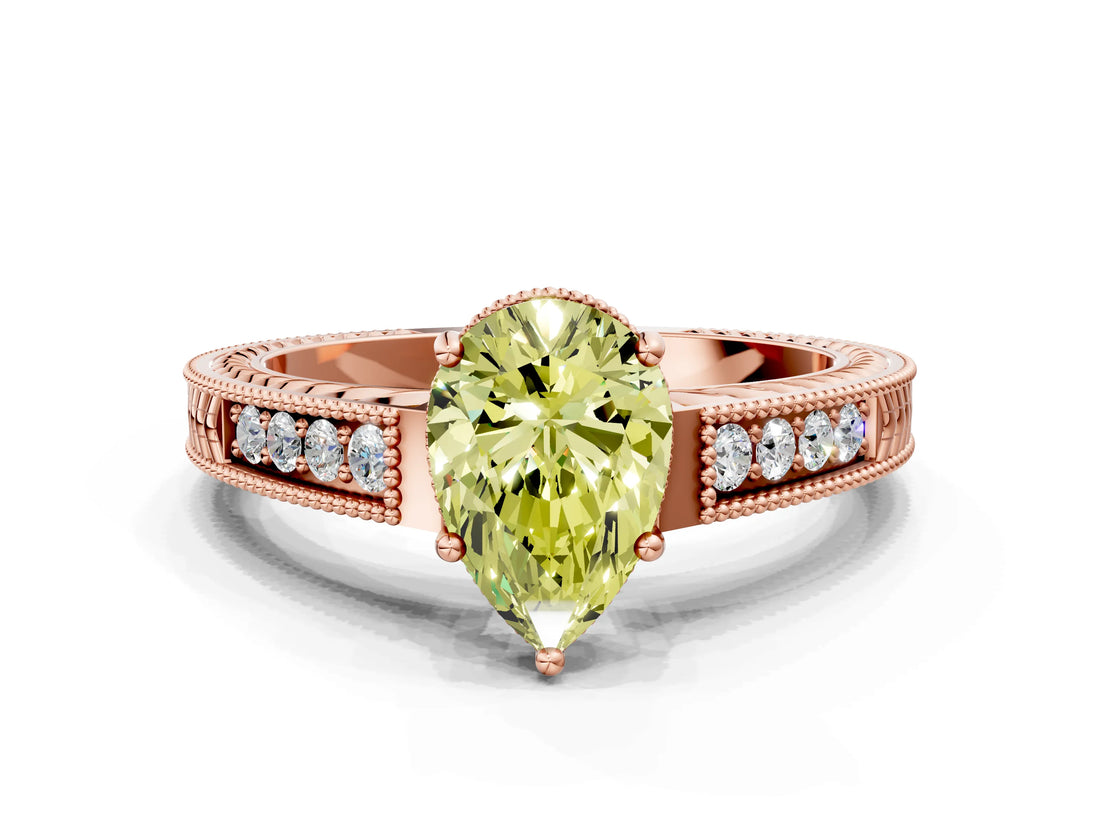 Rose gold Fancy Yellow Pear Cut Cut Diamond Milgrain Pave Band Four-Prong Setting Ring_3