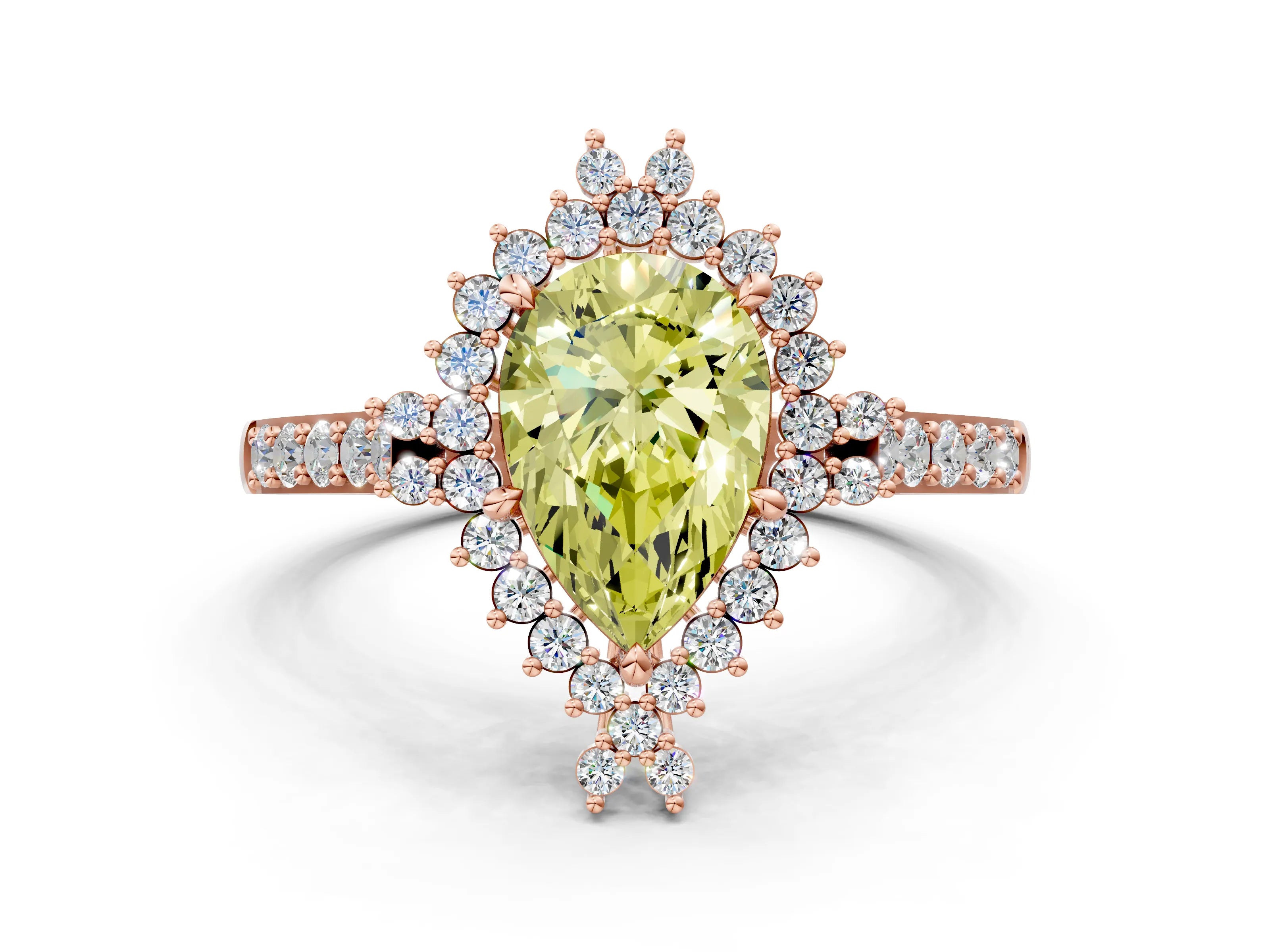 Rose gold Fancy Yellow Pear Cut Cut Diamond Sunburst Halo Engagement Ring with Pavé Band