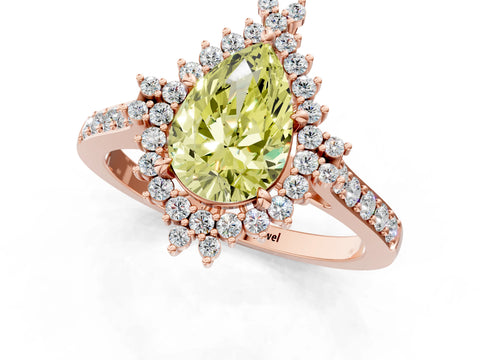 Rose gold Fancy Yellow Pear Cut Cut Diamond Sunburst Halo Engagement Ring with Pavé Band_1