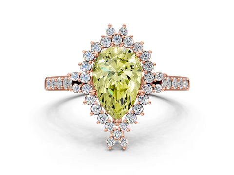 Rose gold Fancy Yellow Pear Cut Cut Diamond Sunburst Halo Engagement Ring with Pavé Band