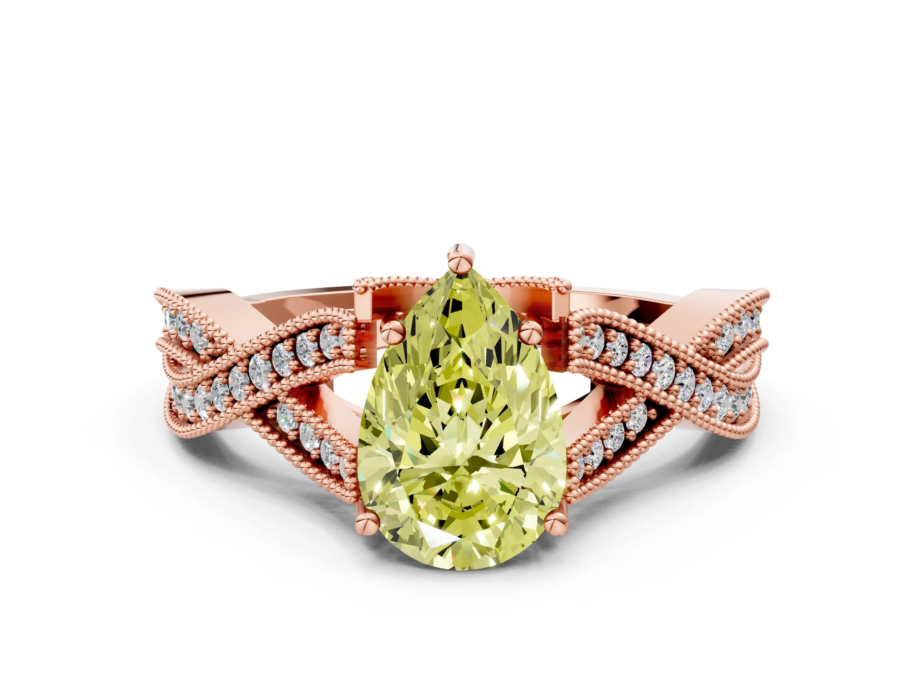 Rose gold Fancy Yellow Pear Cut Cut Diamond Twisted Band with Milgrain Pave Setting and Four-Prong Setting