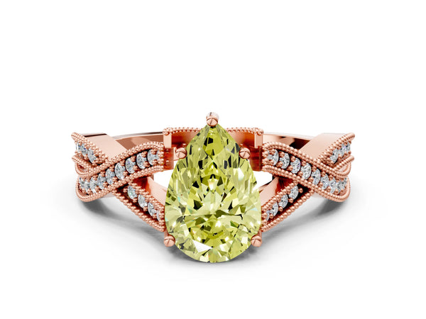 Rose gold Fancy Yellow Pear Cut Cut Diamond Twisted Band with Milgrain Pave Setting and Four-Prong Setting