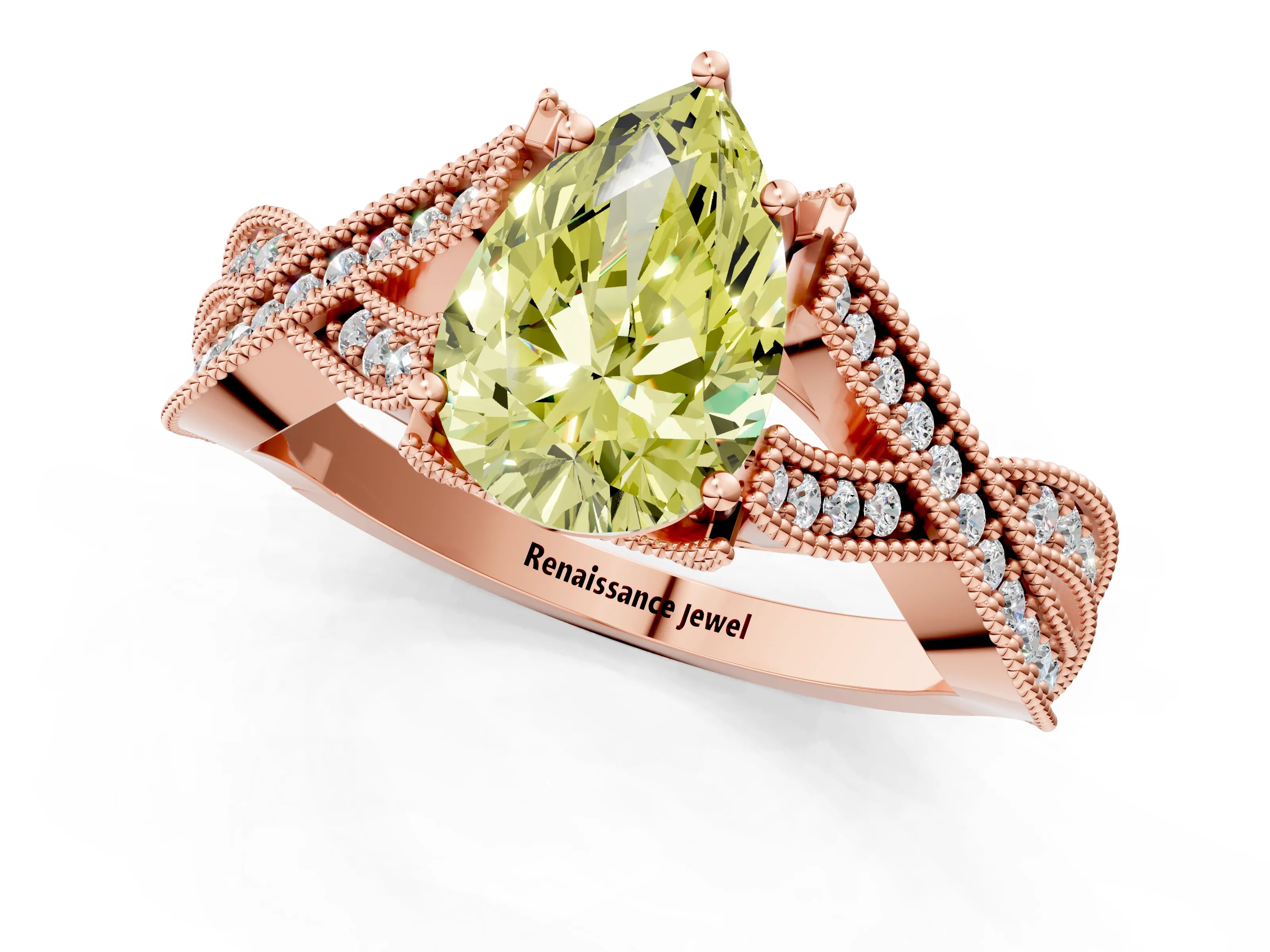 Rose gold Fancy Yellow Pear Cut Cut Diamond Twisted Band with Milgrain Pave Setting and Four-Prong Setting_1