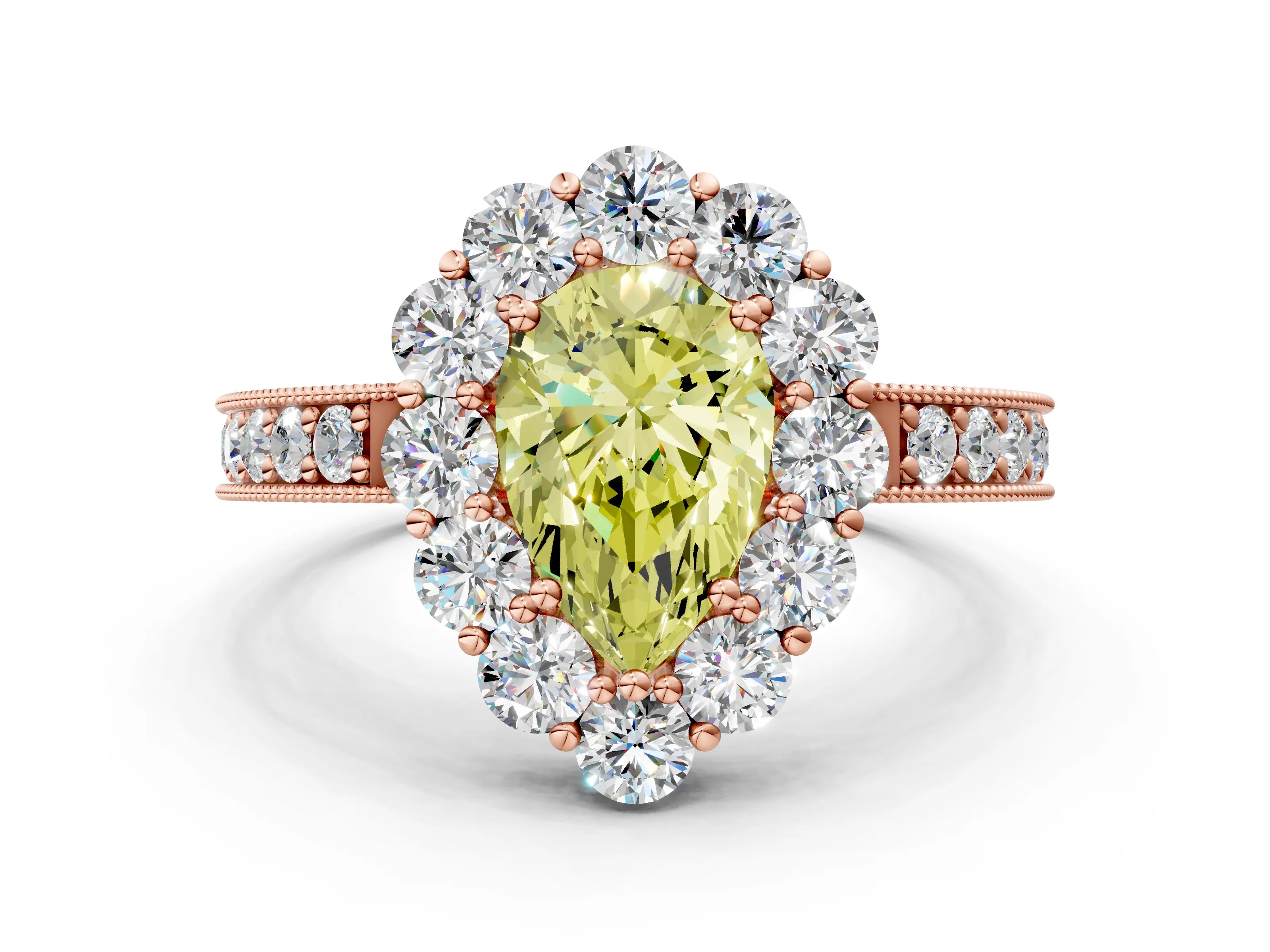 Rose gold Fancy Yellow Pear Cut Cut Halo Diamond Pavé Engagement Ring with Milgrain Detailing