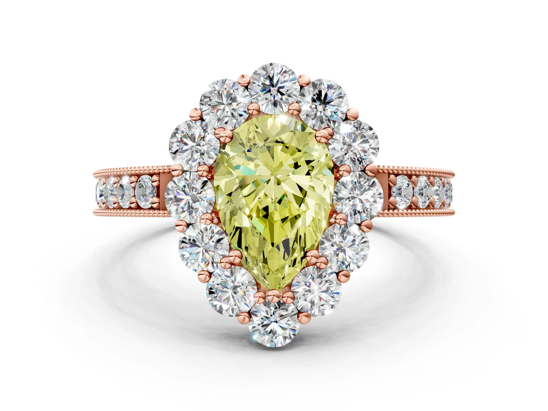 Rose gold Fancy Yellow Pear Cut Cut Halo Diamond Pavé Engagement Ring with Milgrain Detailing