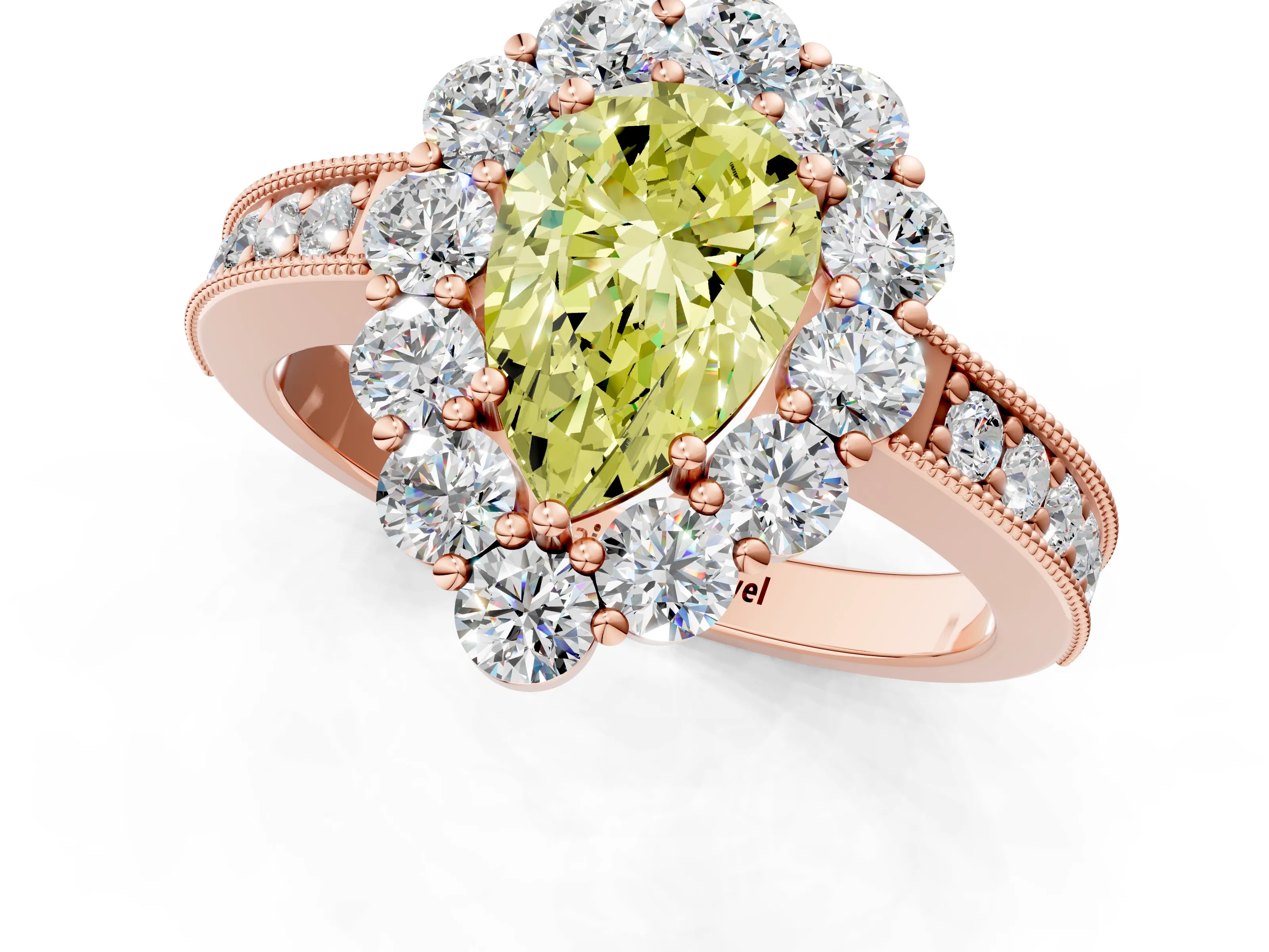 Rose gold Fancy Yellow Pear Cut Cut Halo Diamond Pavé Engagement Ring with Milgrain Detailing_1