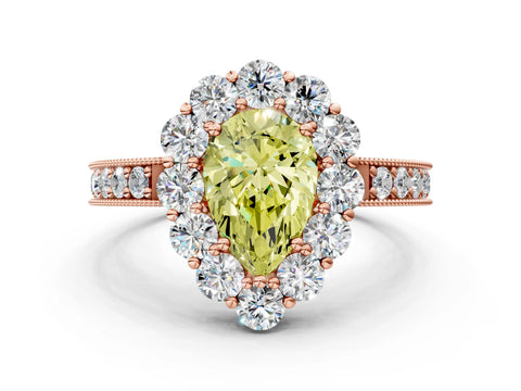 Rose gold Fancy Yellow Pear Cut Cut Halo Diamond Pavé Engagement Ring with Milgrain Detailing
