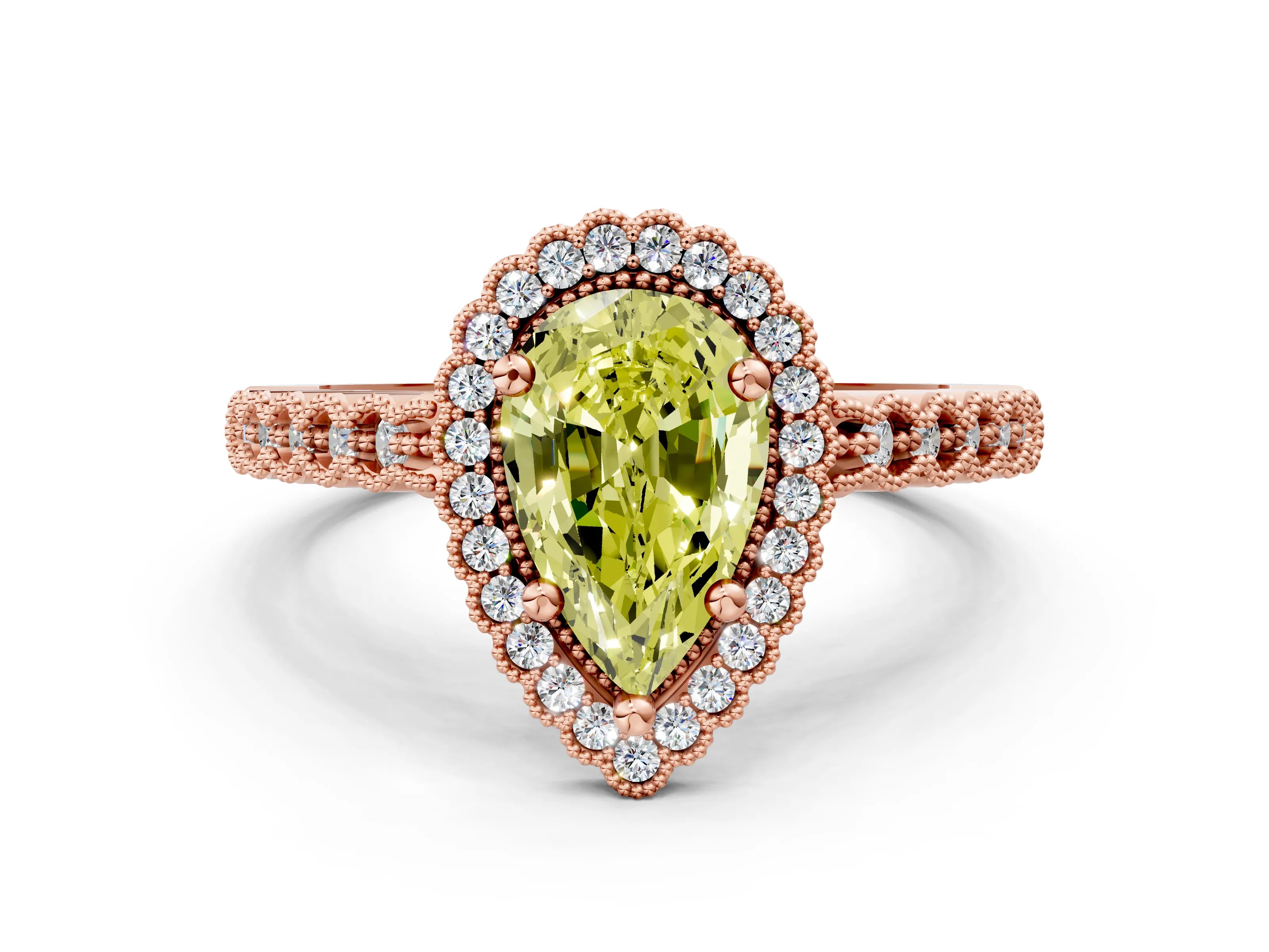 Rose gold Fancy Yellow Pear Cut Cut Halo Pavé Solitaire Ring with Milgrain Band