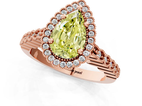 Rose gold Fancy Yellow Pear Cut Cut Halo Pavé Solitaire Ring with Milgrain Band_1