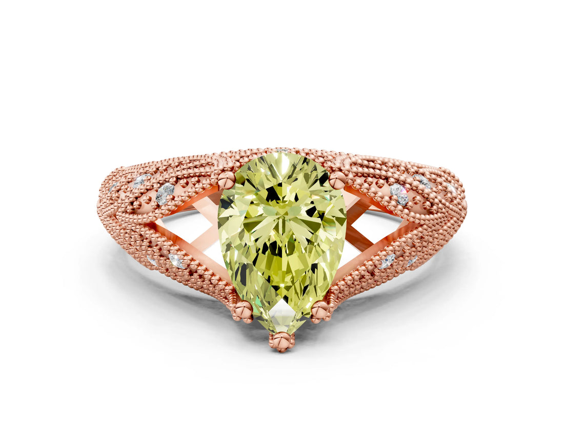 Rose gold Fancy Yellow Pear Cut Cut Milgrain Pave Diamond Engagement Ring with Four-Prong Setting_3