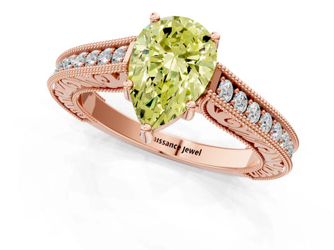 Rose gold Fancy Yellow Pear Cut Cut Pave Band Milgrain Solitaire Ring_1