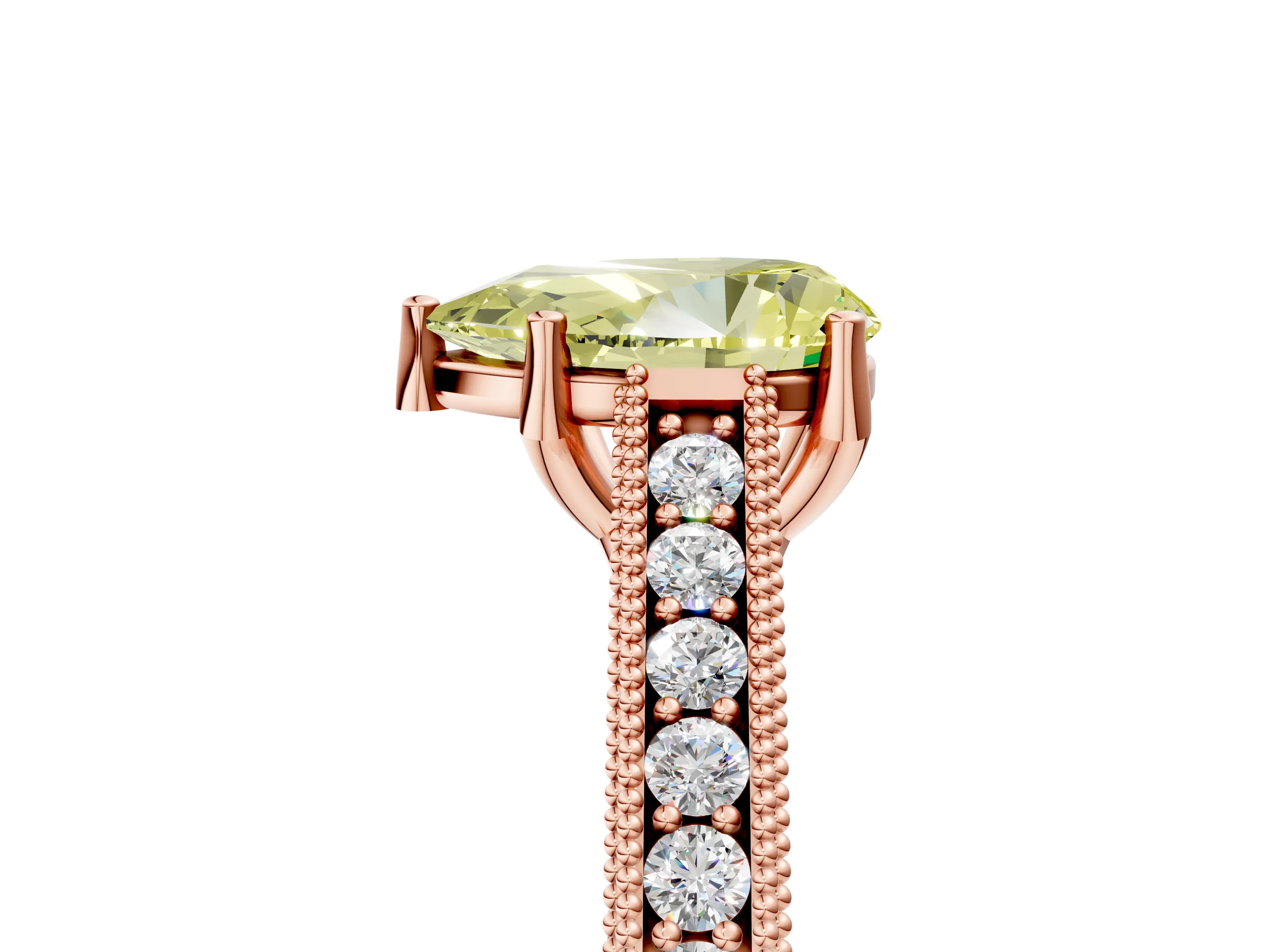 Rose gold Fancy Yellow Pear Cut Cut Pave Band Milgrain Solitaire Ring_5