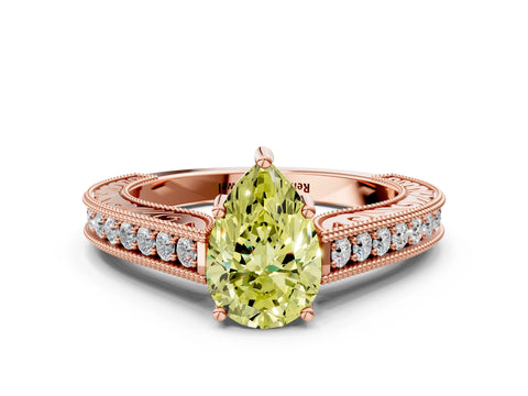 Rose gold Fancy Yellow Pear Cut Cut Pave Band Milgrain Solitaire Ring