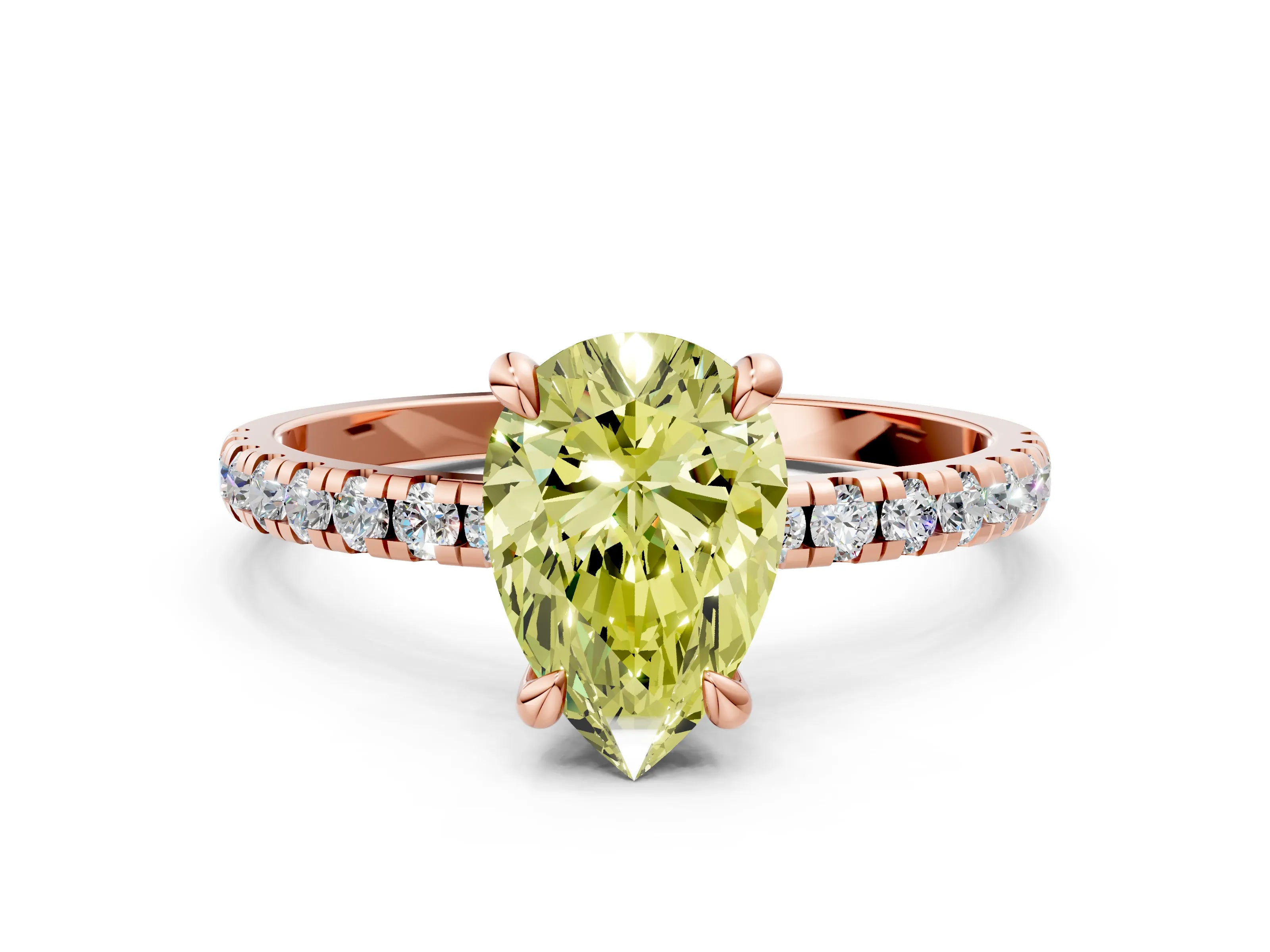 Rose gold Fancy Yellow Pear Cut Diamond Brilliant Solitaire Ring with Pavé Band and Four-Prong Setting