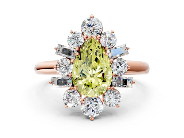 Rose gold Fancy Yellow Pear Cut Diamond Cluster Ring with Round and Baguette Stones, Split Shank Band, Prong Setting