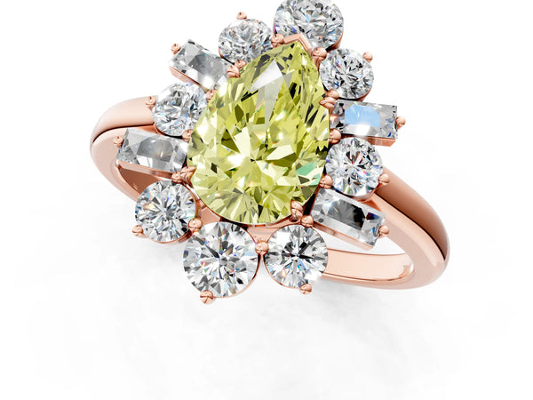 Rose gold Fancy Yellow Pear Cut Diamond Cluster Ring with Round and Baguette Stones, Split Shank Band, Prong Setting