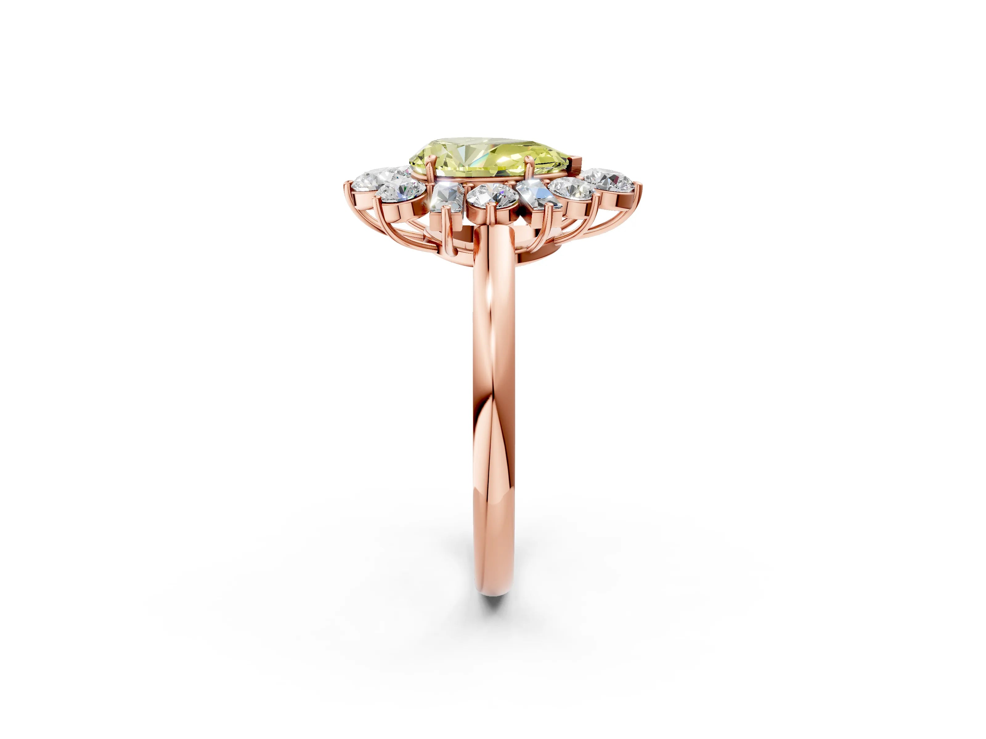 Rose gold Fancy Yellow Pear Cut Diamond Cluster Ring with Round and Baguette Stones, Split Shank Band, Prong Setting_2