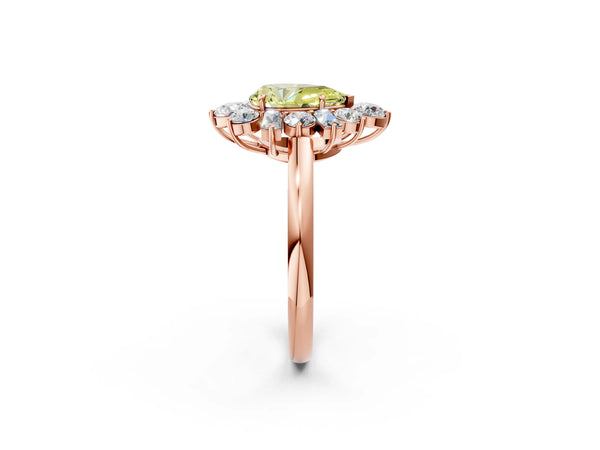 Rose gold Fancy Yellow Pear Cut Diamond Cluster Ring with Round and Baguette Stones, Split Shank Band, Prong Setting