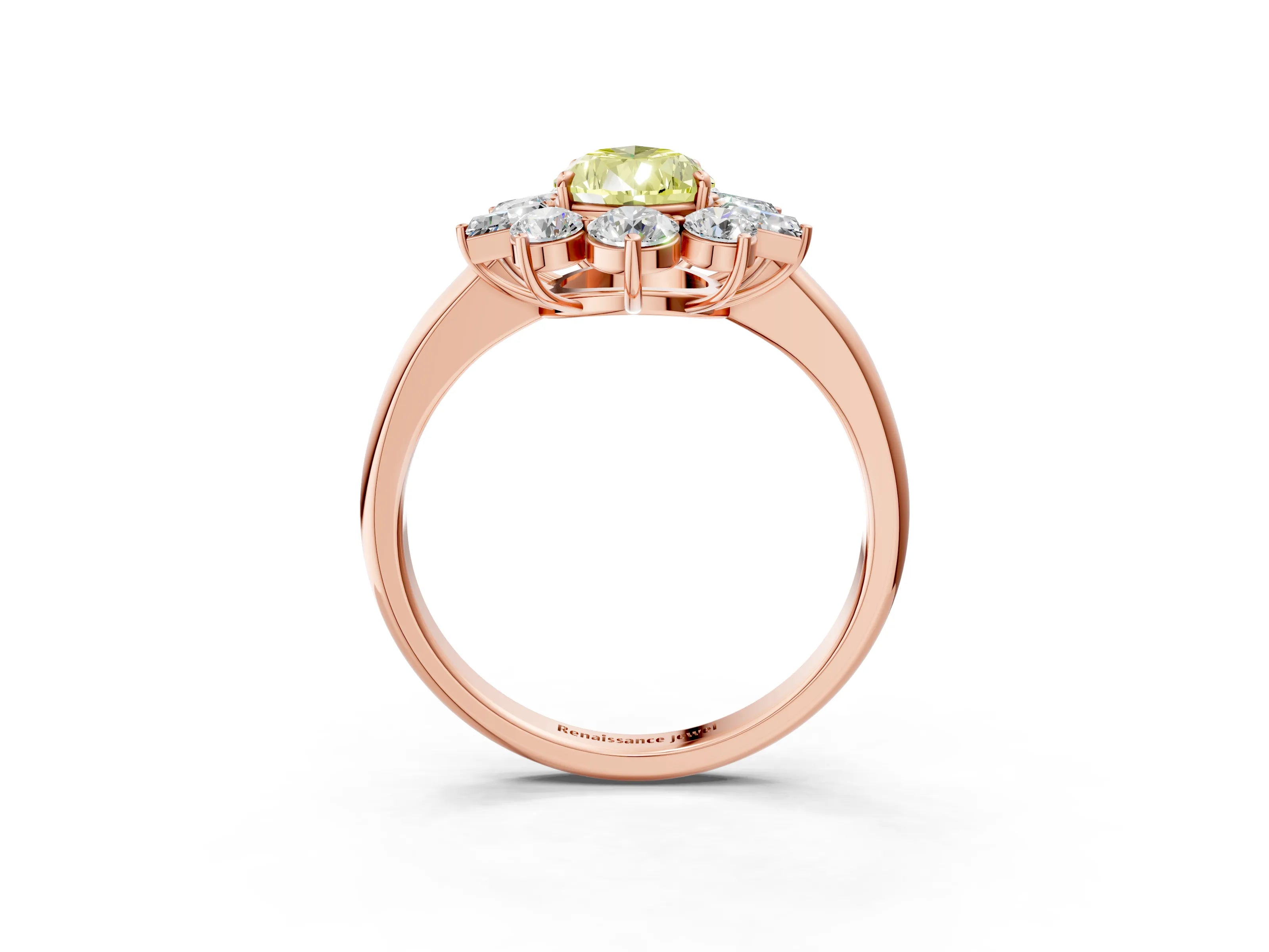 Rose gold Fancy Yellow Pear Cut Diamond Cluster Ring with Round and Baguette Stones, Split Shank Band, Prong Setting_3