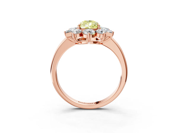 Rose gold Fancy Yellow Pear Cut Diamond Cluster Ring with Round and Baguette Stones, Split Shank Band, Prong Setting