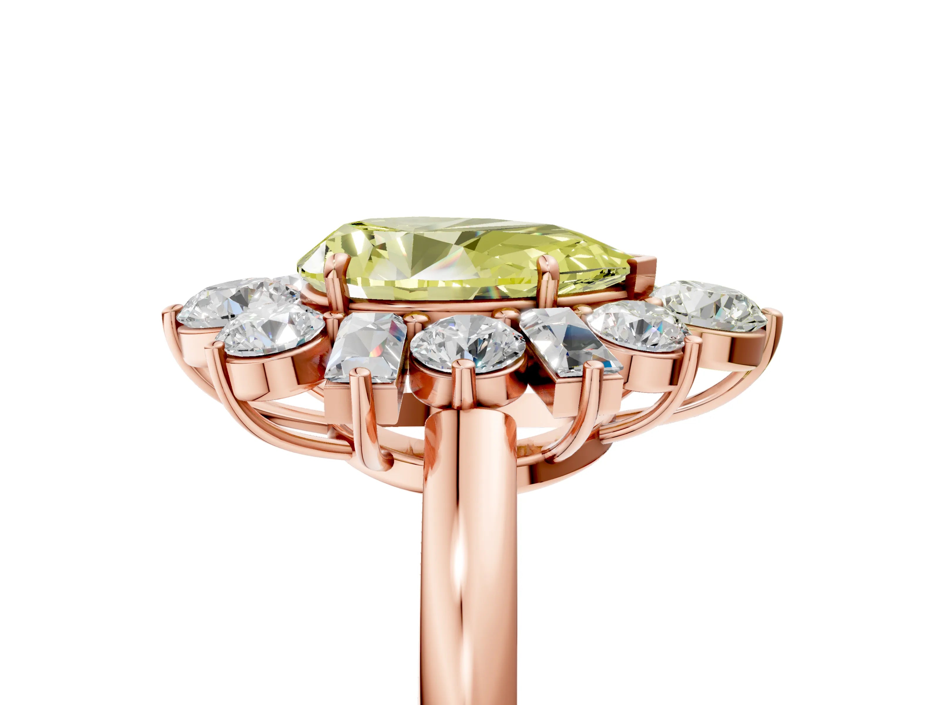 Rose gold Fancy Yellow Pear Cut Diamond Cluster Ring with Round and Baguette Stones, Split Shank Band, Prong Setting_5