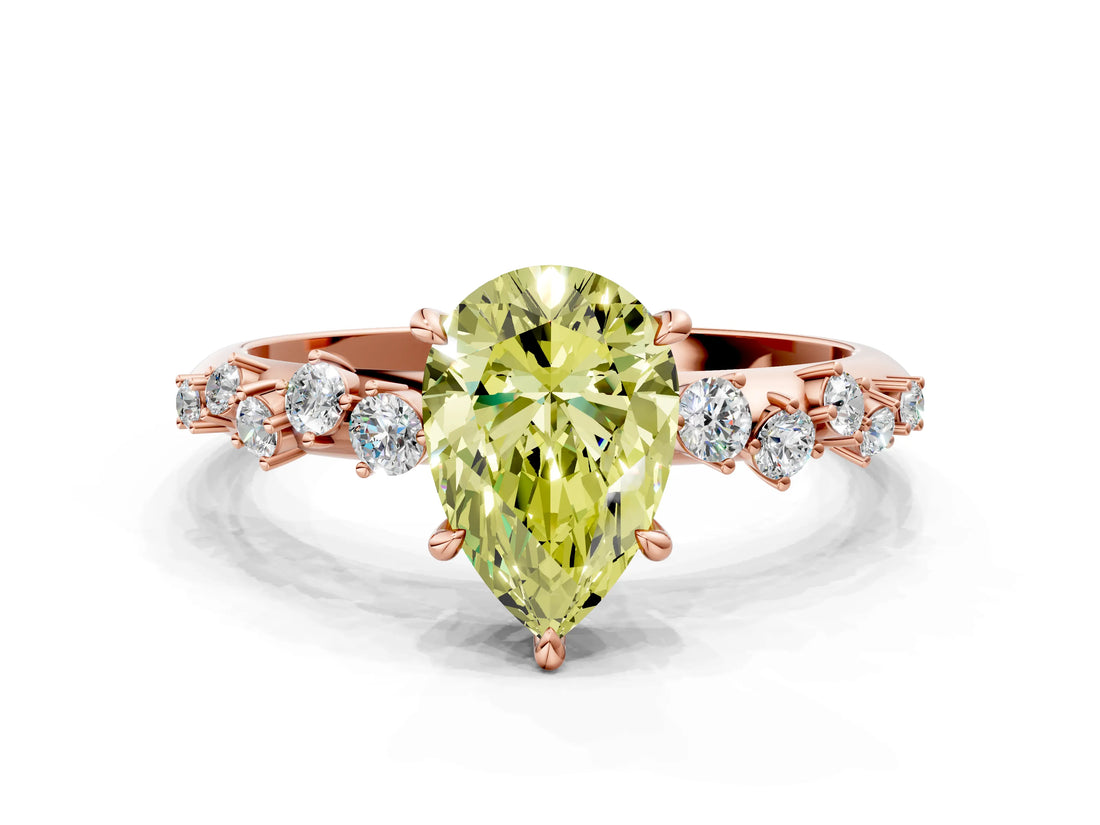 Rose gold Fancy Yellow Pear Cut Diamond Cluster Side Stone Solitaire Ring with Prong Setting_53