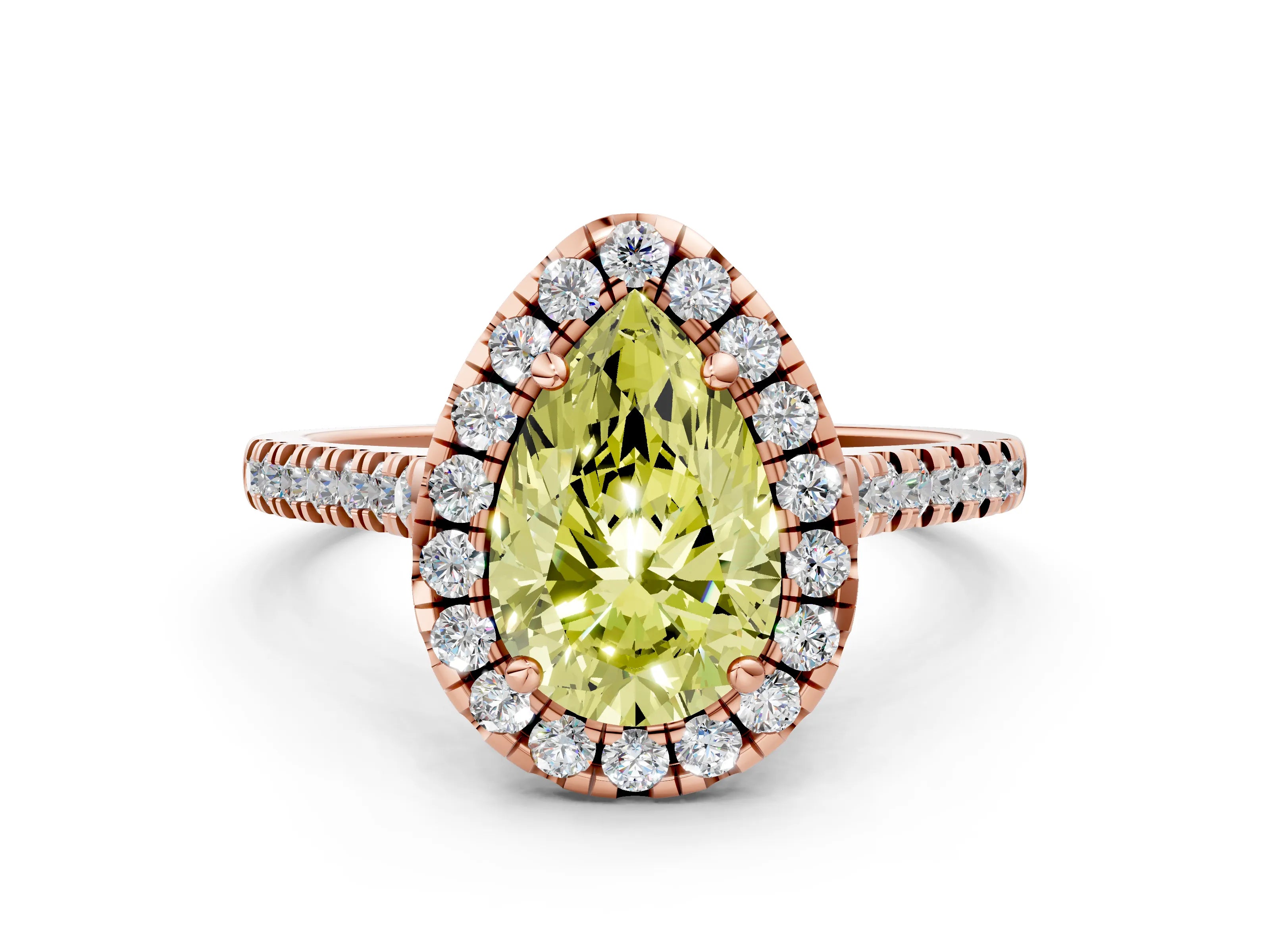 Rose gold Fancy Yellow Pear Cut Diamond Cushion Halo Ring with Pavé Band