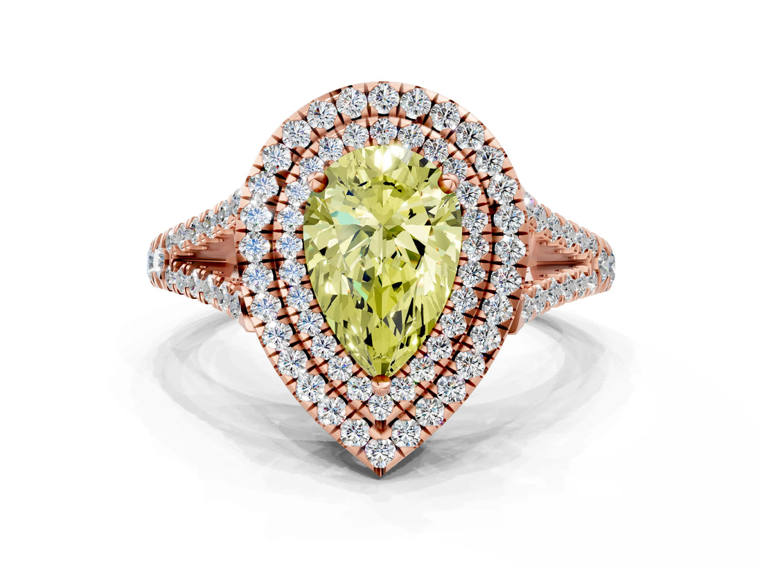 Rose gold Fancy Yellow Pear Cut Diamond Double Halo Ring with Pavé Band and Prong Setting_89