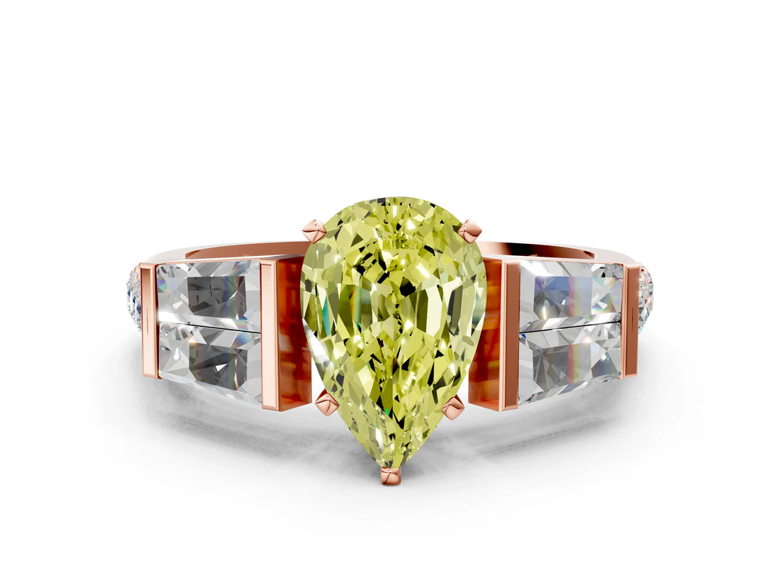Rose gold Fancy Yellow Pear Cut Diamond Engagement Ring with Baguette Side Stones and Channel Set Band_19