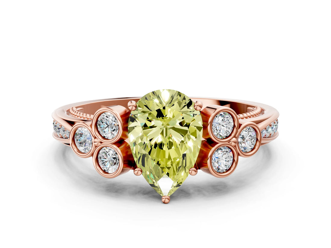 Rose gold Fancy Yellow Pear  Cut Diamond Engagement Ring with Bezel Set Round Side Stones and Prong Setting_48