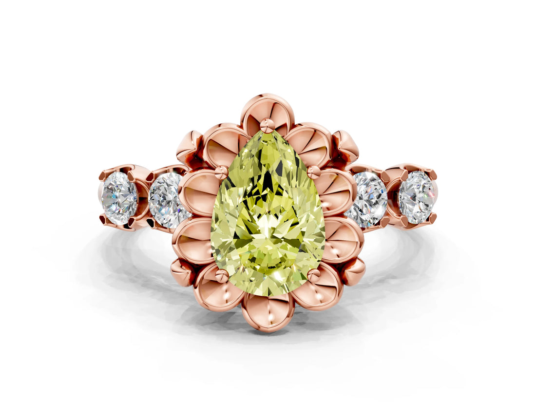 Rose gold Fancy Yellow Pear  Cut Diamond Floral Halo Engagement Ring with Shared Prong Setting 1