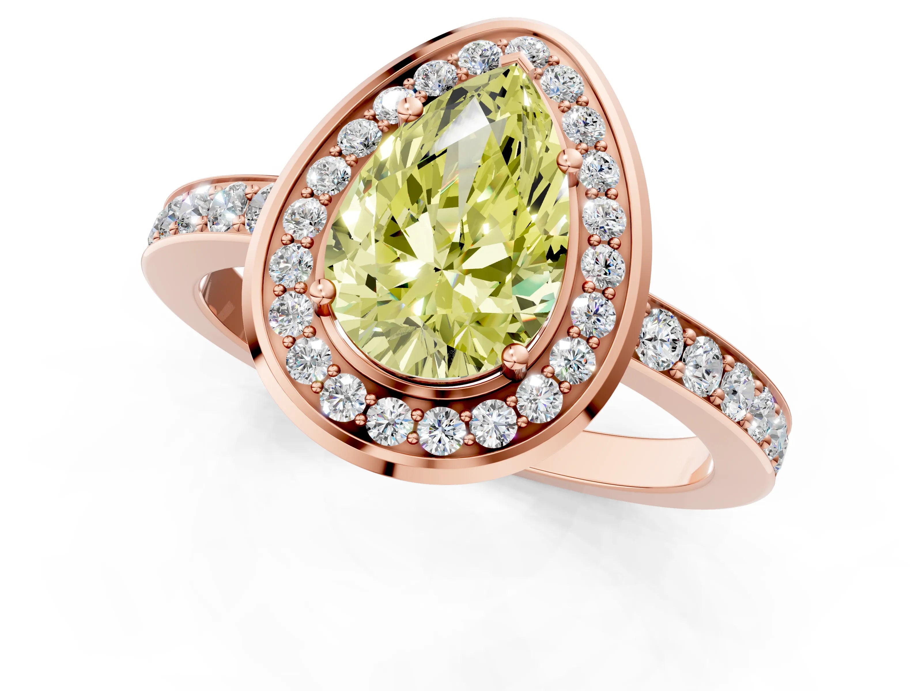 Rose gold Fancy Yellow Pear Cut Diamond Halo Ring with Bezel Frame and Pavé Band_1