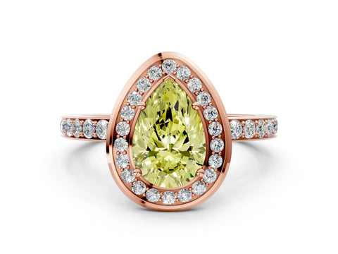 Rose gold Fancy Yellow Pear Cut Diamond Halo Ring with Bezel Frame and Pavé Band