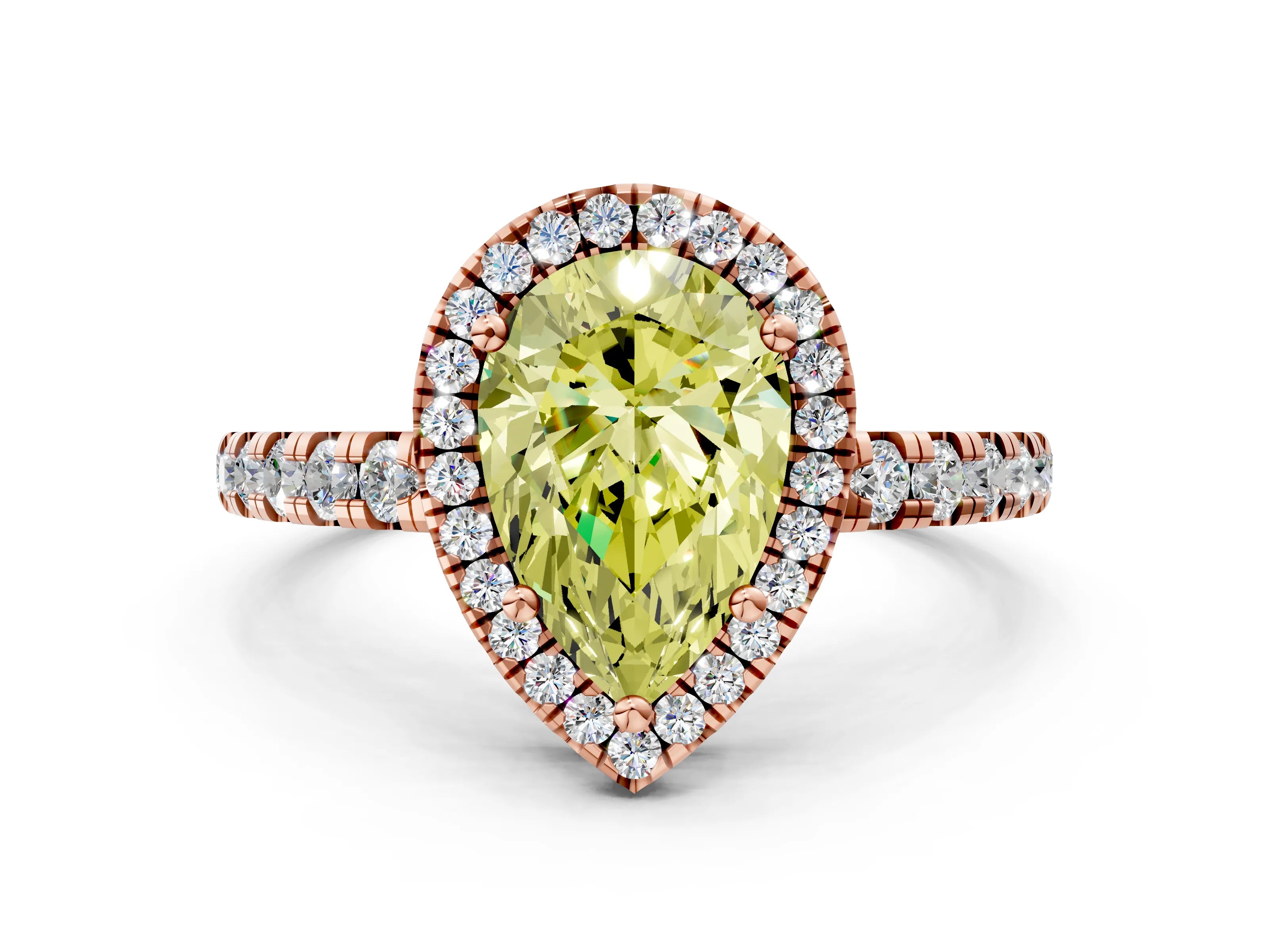 Rose gold Fancy Yellow Pear Cut Diamond Halo Ring with Pavé Band and Four-Prong Setting
