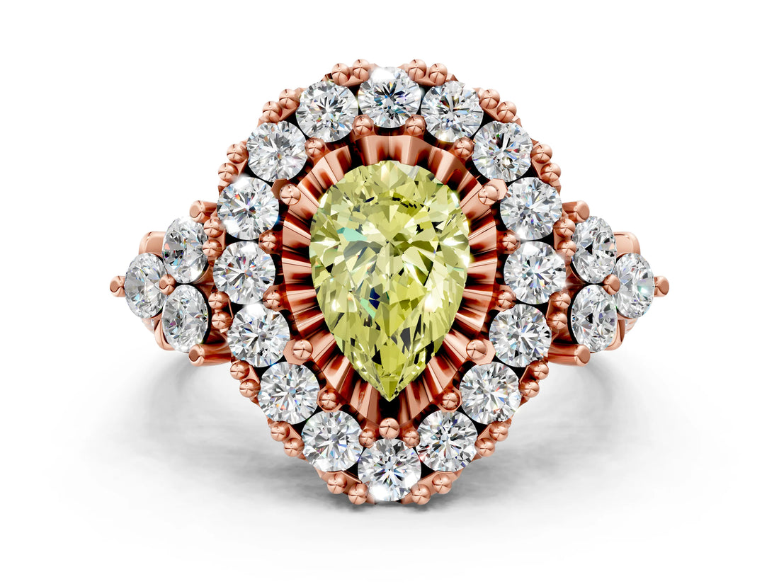 Rose gold Fancy Yellow Pear Cut Diamond Halo Ring with Pavé Band and Four-Prong Setting_49