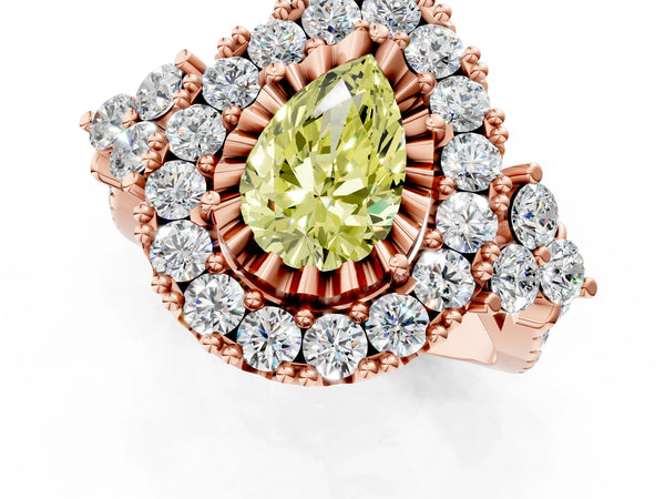 Rose gold Fancy Yellow Pear Cut Diamond Halo Ring with Pavé Band and Four-Prong Setting