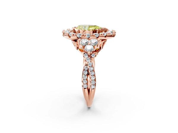 Rose gold Fancy Yellow Pear Cut Diamond Halo Ring with Pavé Band and Four-Prong Setting