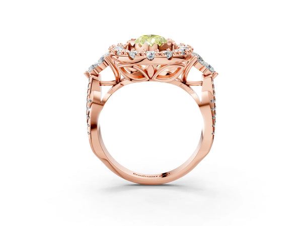 Rose gold Fancy Yellow Pear Cut Diamond Halo Ring with Pavé Band and Four-Prong Setting