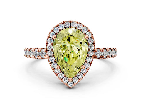Rose gold Fancy Yellow Pear Cut Diamond Halo Ring with Pavé Band and Four-Prong Setting