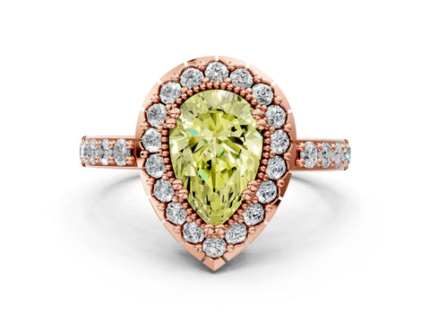 Rose gold Fancy Yellow Pear Cut Diamond Halo Ring with Pavé Band and Prong Setting