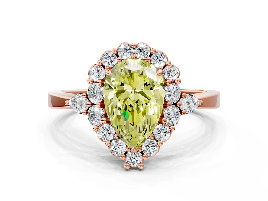 Rose gold Fancy Yellow Pear Cut Diamond Halo Ring with Pear Side Stones and Prong Setting_62